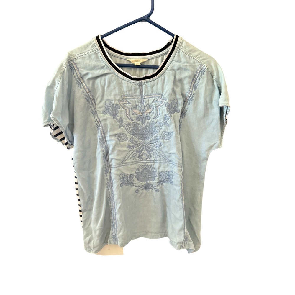 Verge Girl Whitman Top Light Blue‎ Embroidered Striped Mixed Media Tencel Size M